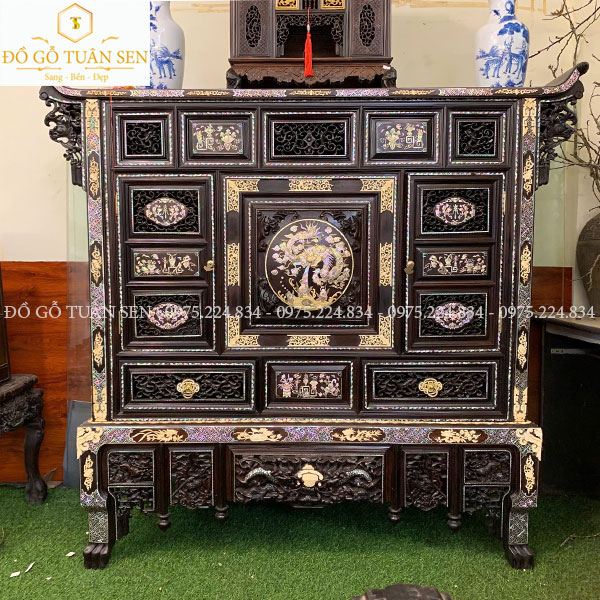 Tủ Thờ Gỗ Trắc Khảm Ngà Voi Và Ốc Cao Cấp – Đỉnh Cao Sang Trọng & Phong Thủy