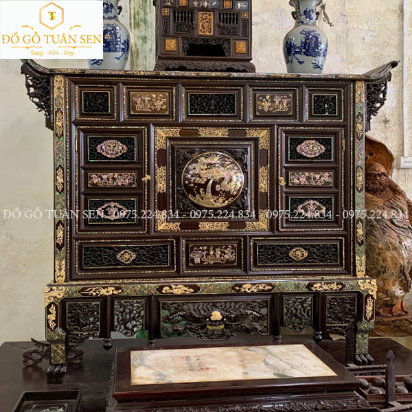 Tủ thờ gỗ gụ khảm ngà voi và ốc