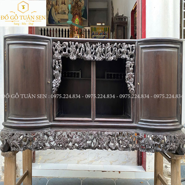 Tủ chè gỗ gụ cách cong HT1
