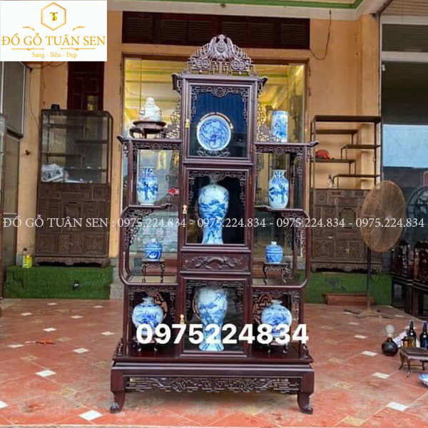 Tủ trương bày Đồ Cổ , Gốm Sứ - Tượng Chạm Ngũ Phúc