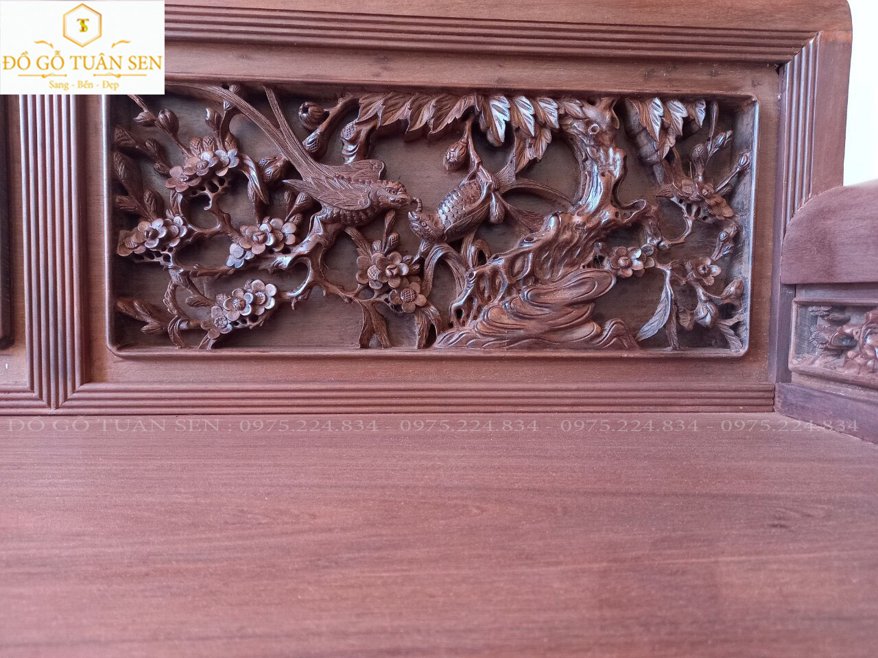 bộ trường kỷ gỗ gụ đục tứ quý được đóng rất dày và chắc chắn, tạo độ bền cao