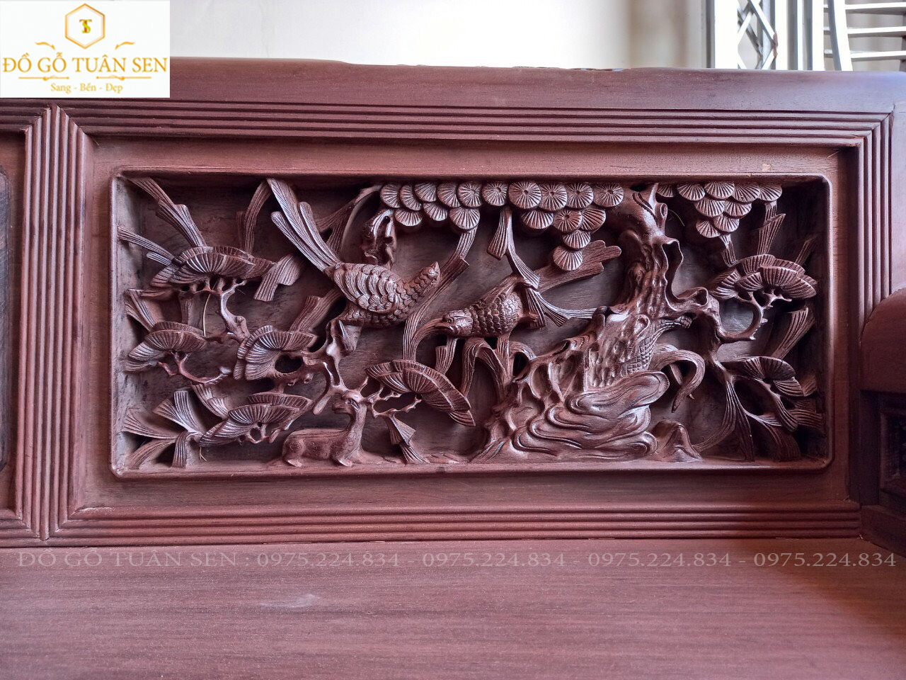  bộ trường kỷ gỗ gụ đục tứ quý được đóng rất dày và chắc chắn, tạo độ bền cao