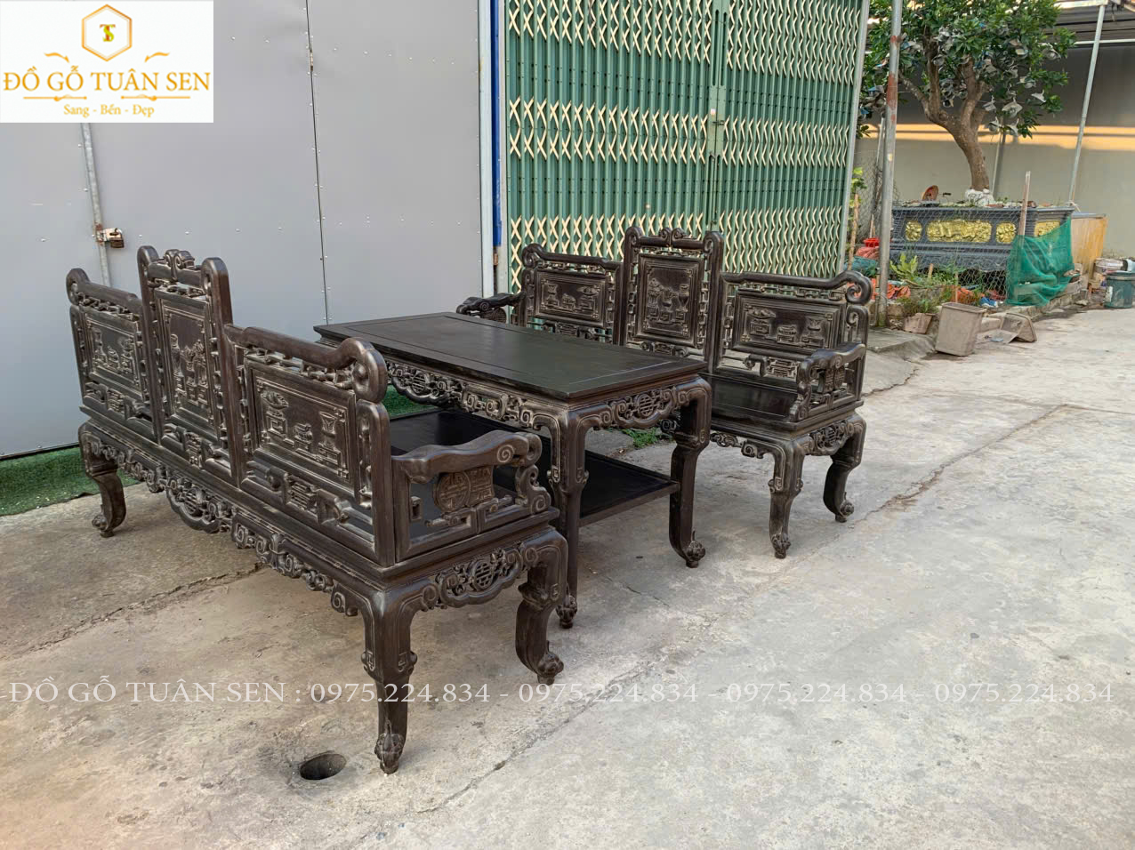 Bộ trường kỷ  tam sơn đục chạm 2 mặt sắc nét gỗ gụ 