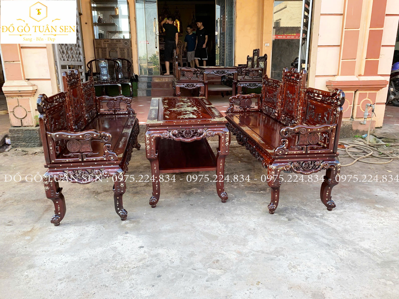 Bộ Trường Kỷ Tam Sơn Gỗ Gụ Khảm Ốc 