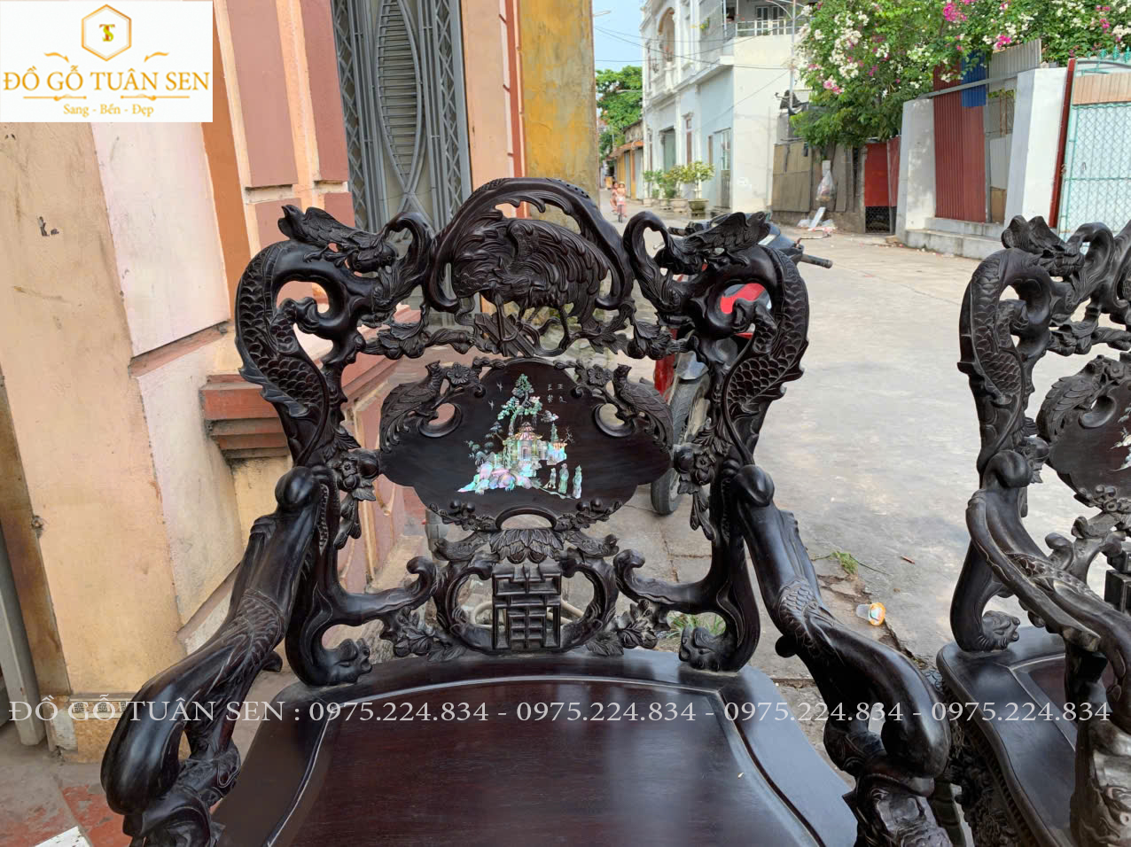 Hình ảnh bộ bàn ghế khánh rồng gỗ gụ 7 món khảm ốc 