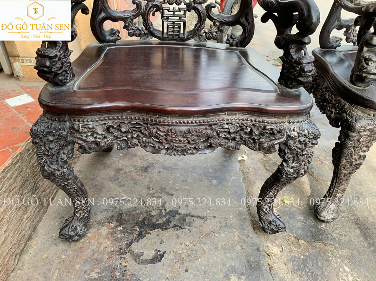 Hình ảnh bộ bàn ghế khánh rồng gỗ gụ 7 món khảm ốc 