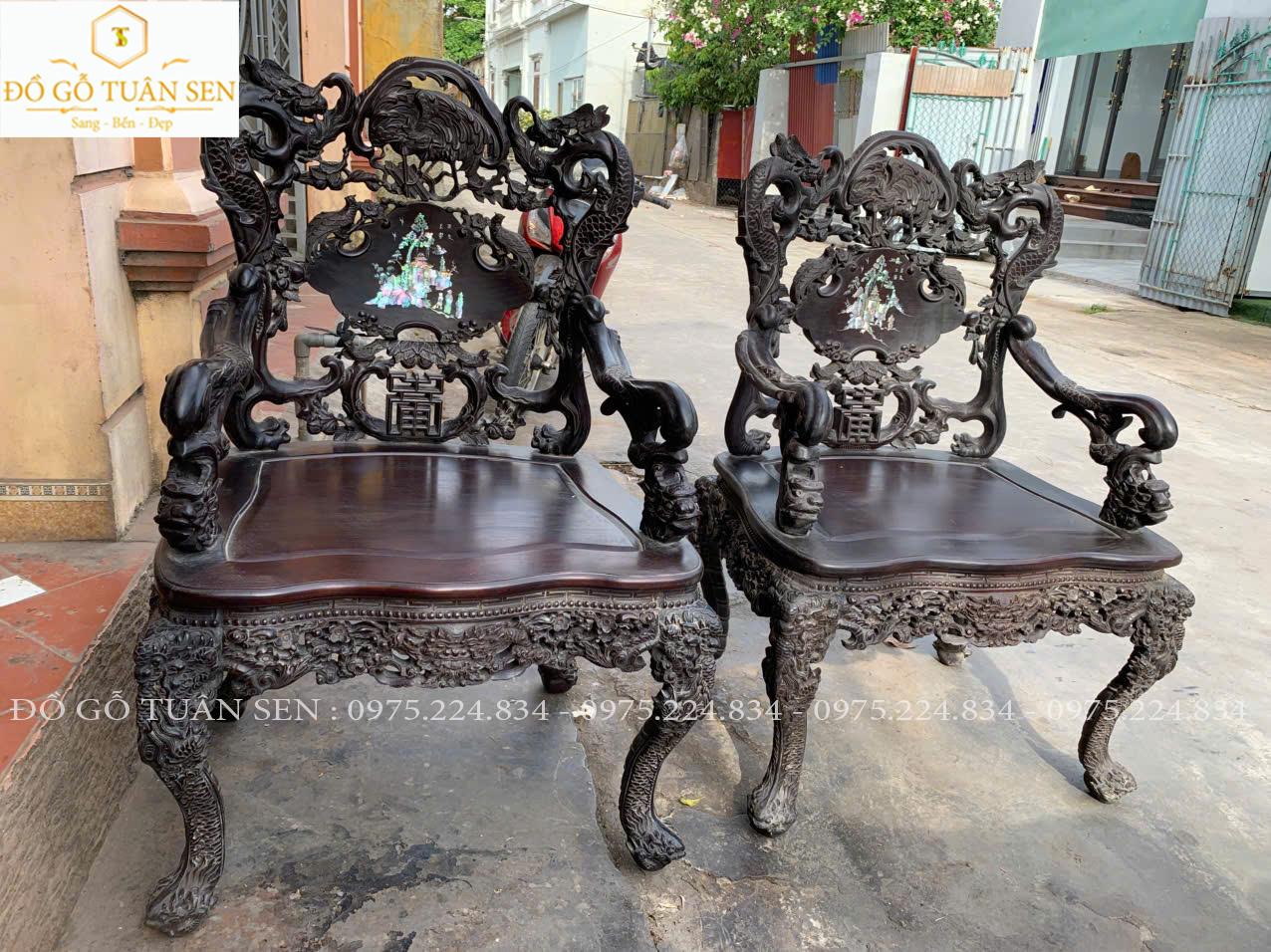 Hình ảnh bộ bàn ghế khánh rồng gỗ gụ 7 món khảm ốc 