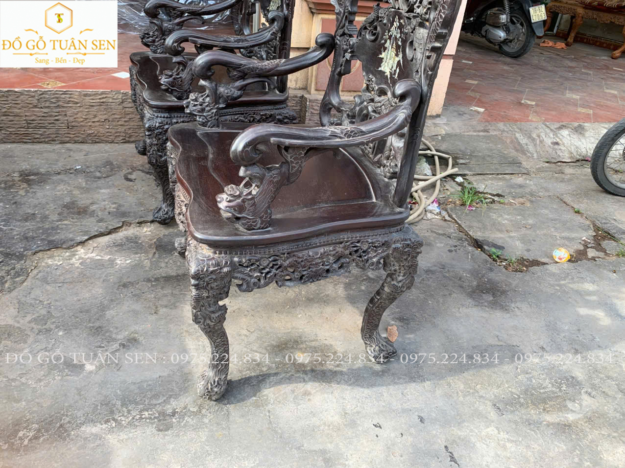 Hình ảnh bộ bàn ghế khánh rồng gỗ gụ 7 món khảm ốc 