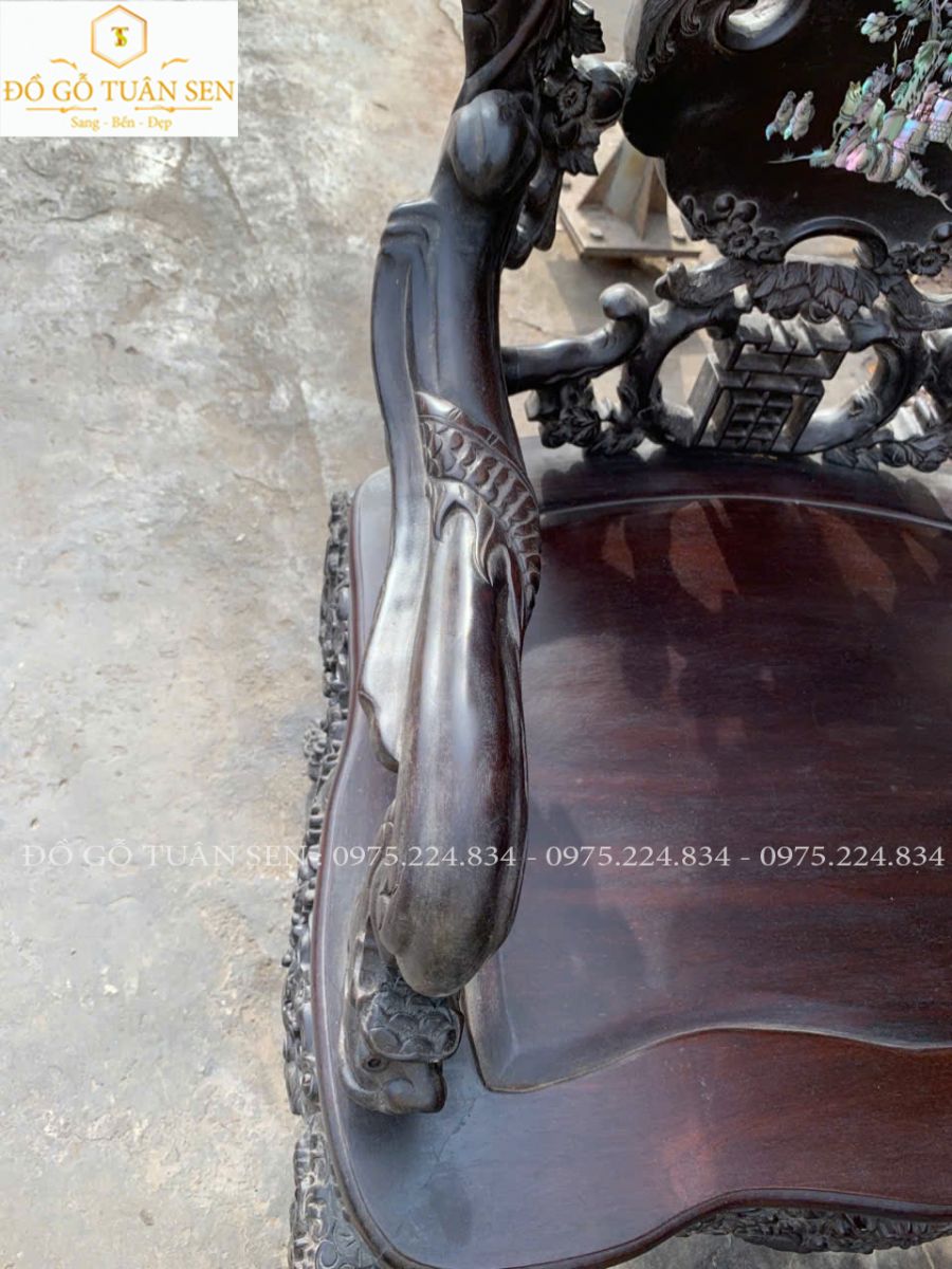 Hình ảnh bộ bàn ghế khánh rồng gỗ gụ 7 món khảm ốc 