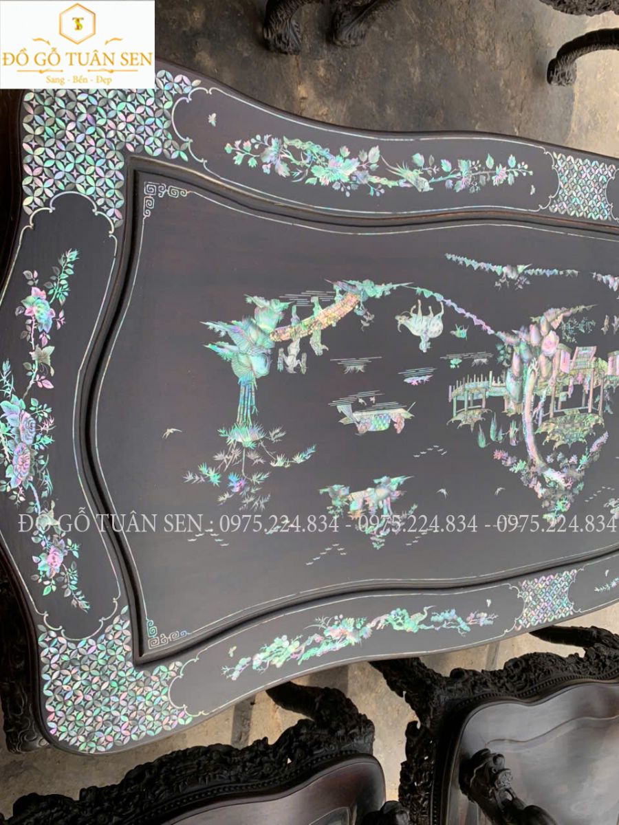 Hình ảnh bộ bàn ghế khánh rồng gỗ gụ 7 món khảm ốc 