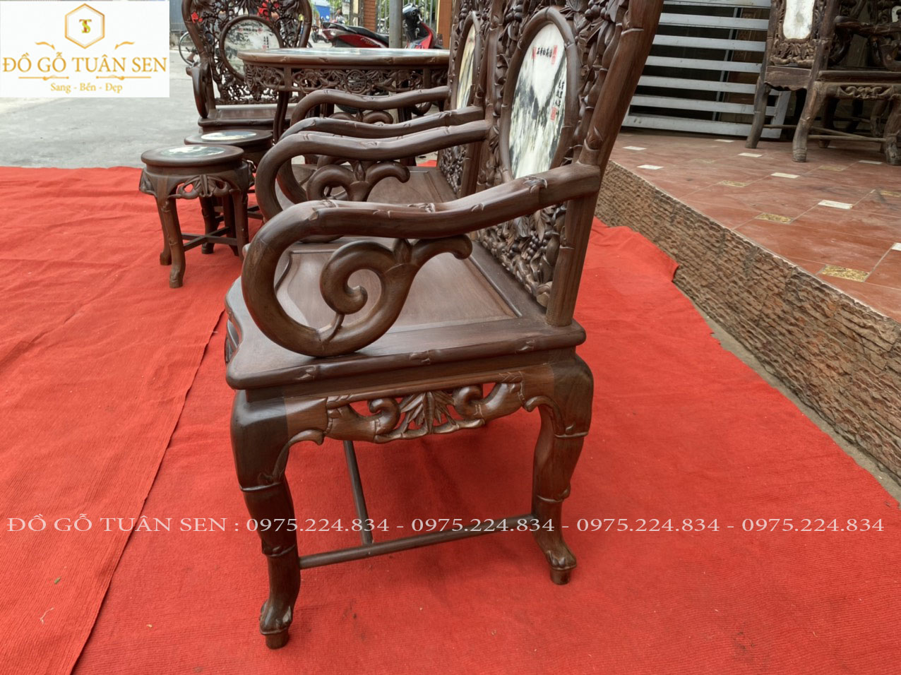 Hình ảnh chi tiết bộ ghế trúc kép gỗ gụ 7 món 