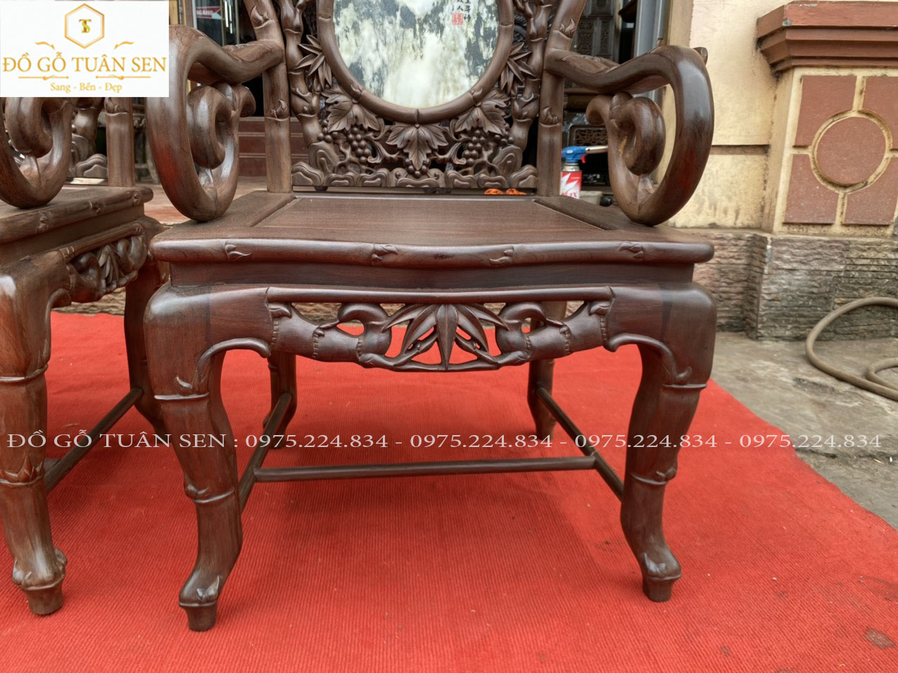 Hình ảnh chi tiết bộ ghế trúc kép gỗ gụ 7 món 