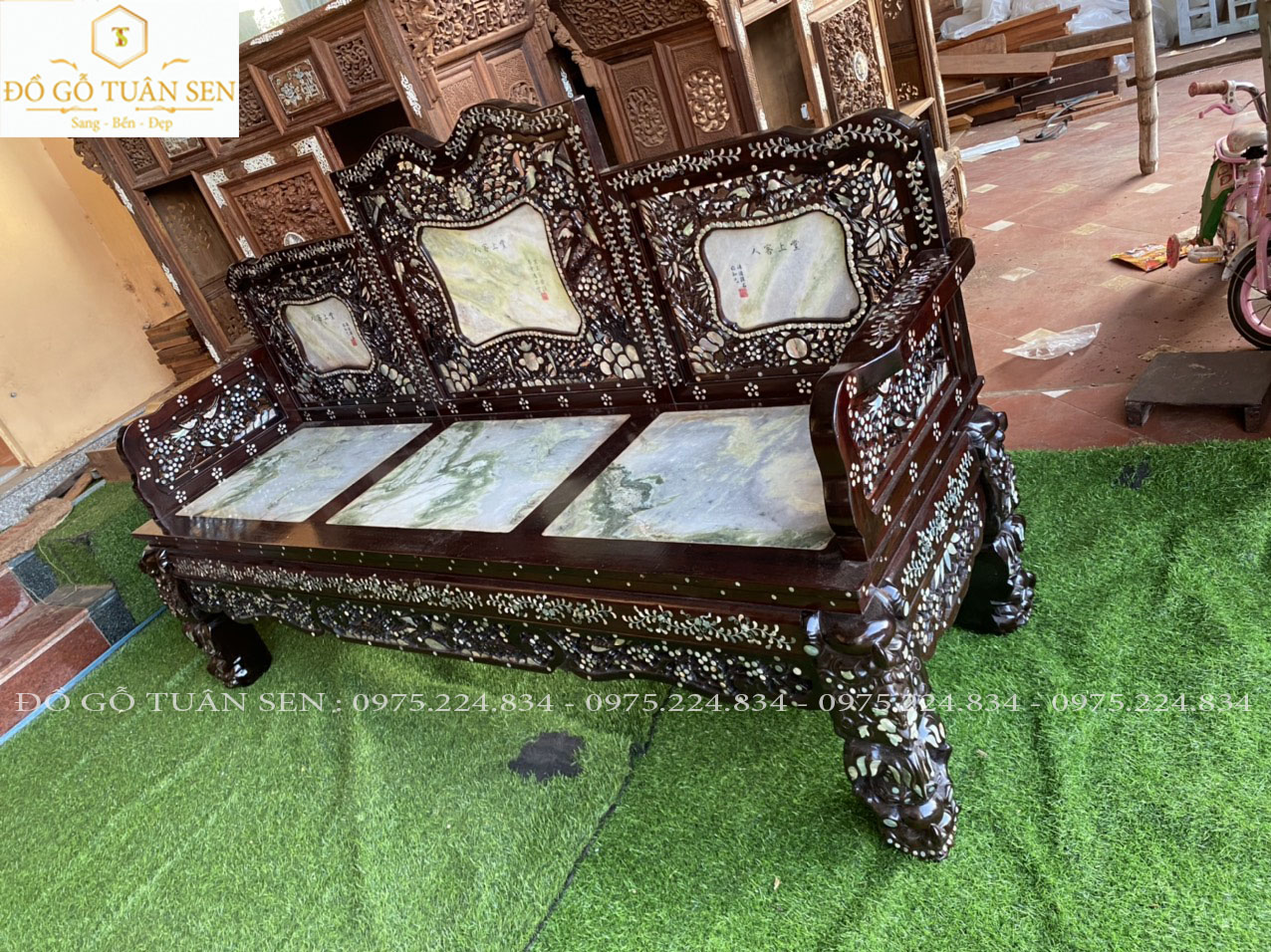 Hình ảnh chi tiết bộ trường kỷ tam sỏn khảm ốc gỗ gụ 