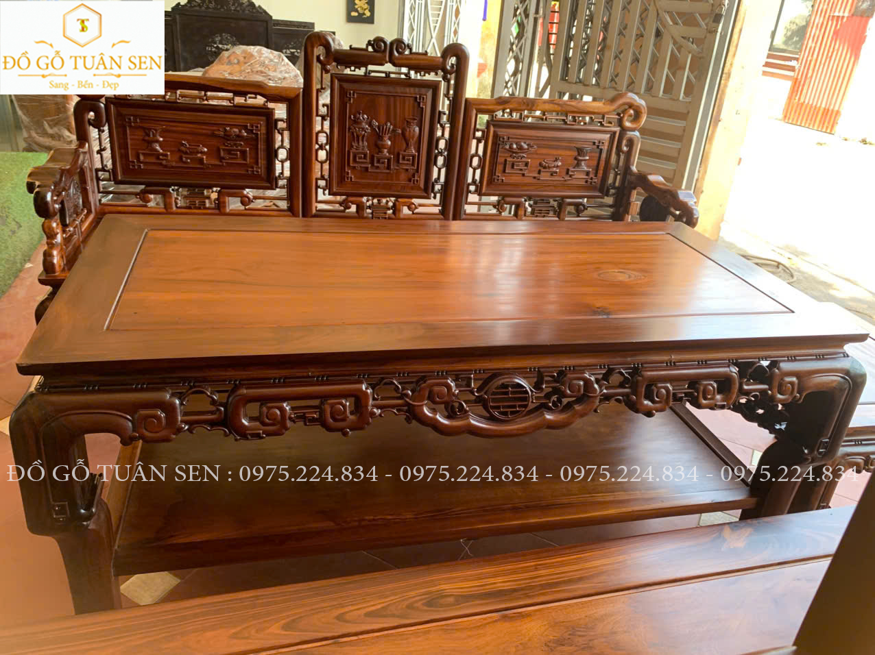 Hình ảnh bộ trường kỷ tam sơn gỗ gụ ta quảng bình 