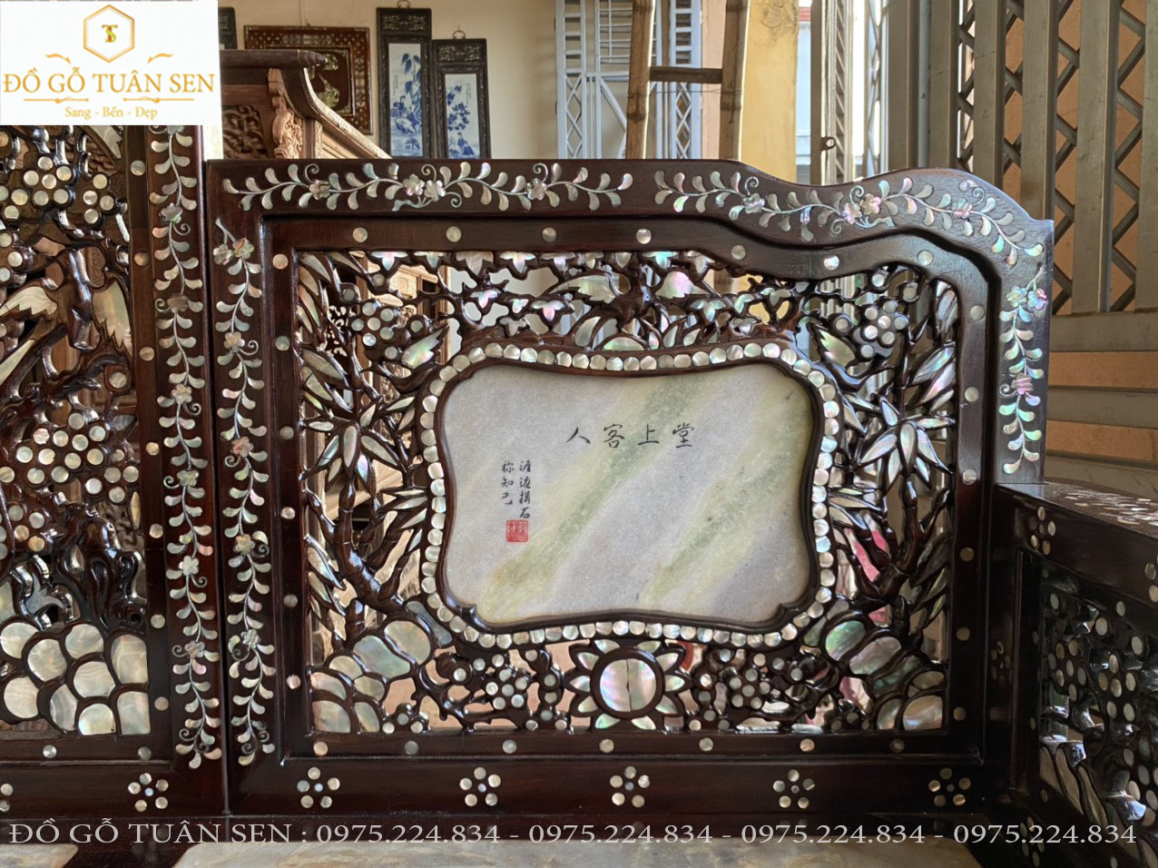 Hình ảnh chi tiết bộ trường kỷ tam sỏn khảm ốc gỗ gụ 