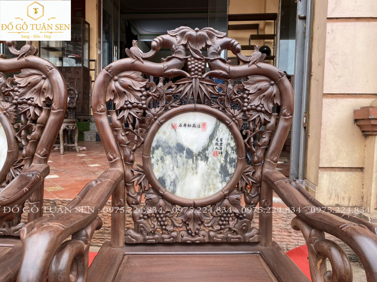 Hình ảnh chi tiết bộ ghế trúc kép gỗ gụ 7 món 