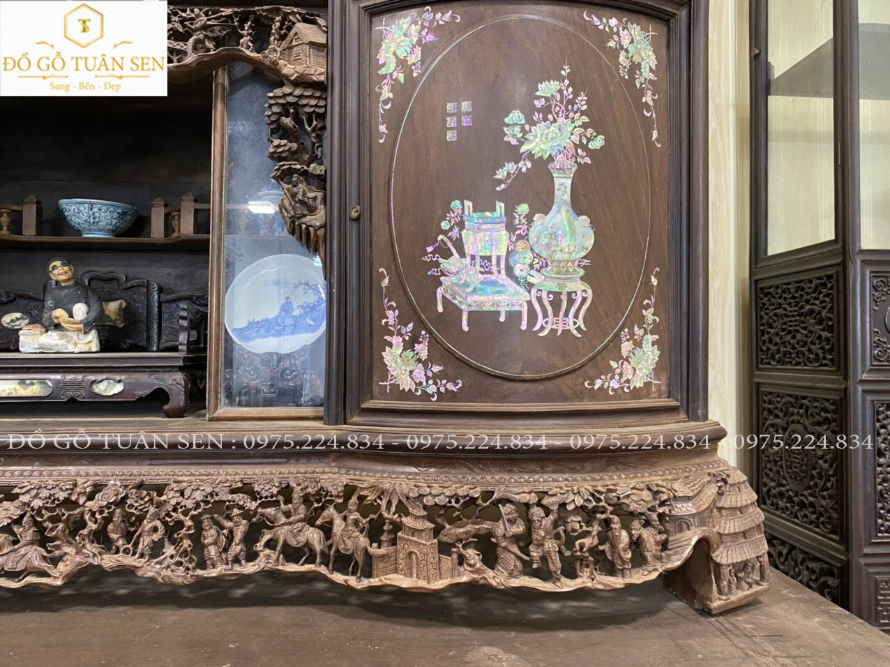 Hình ảnh chi tiết tủ chè cánh cong  khảm ốc 