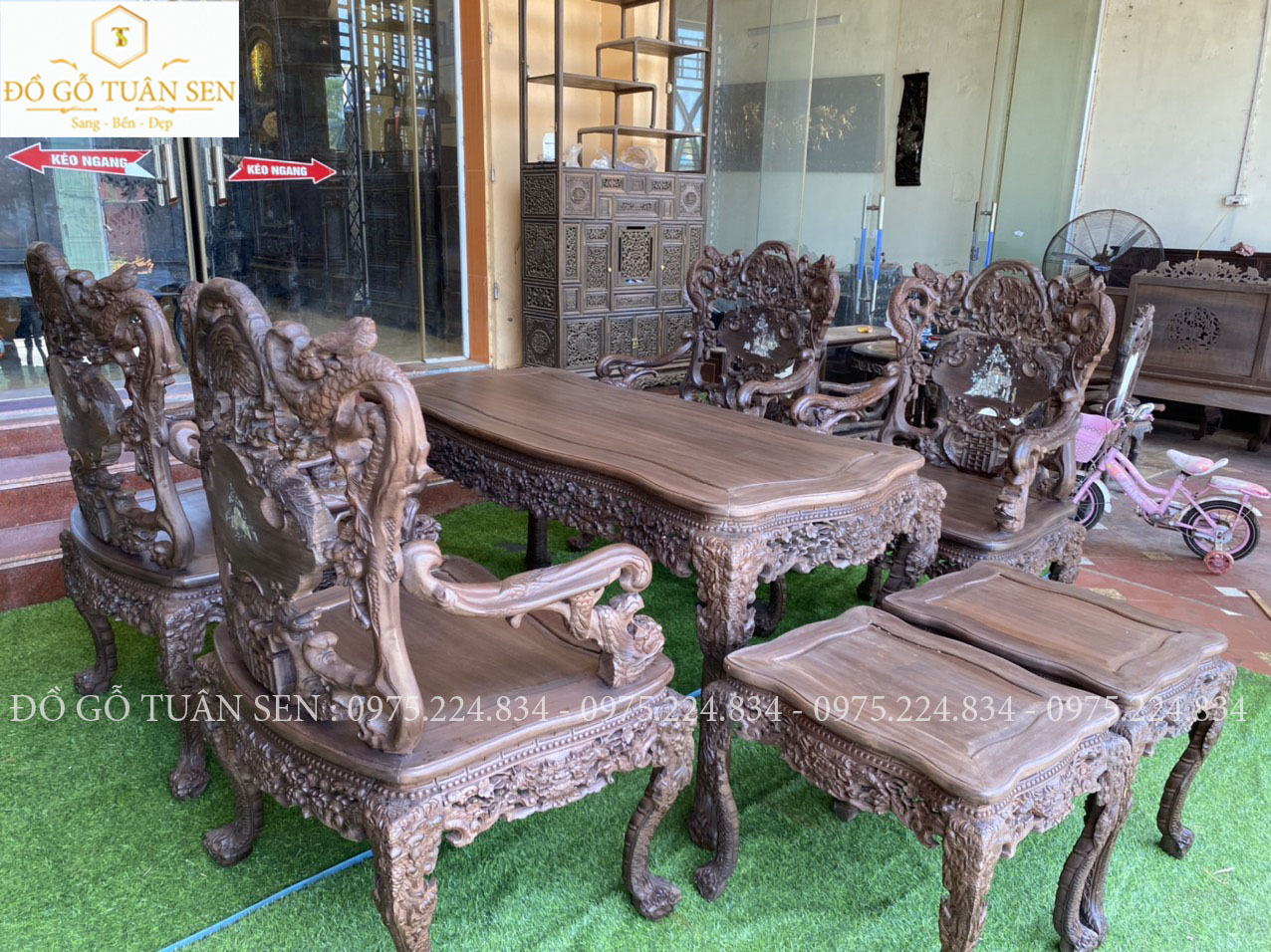 Hình ảnh bộ bàn ghế khánh rồng gỗ gụ 7 món