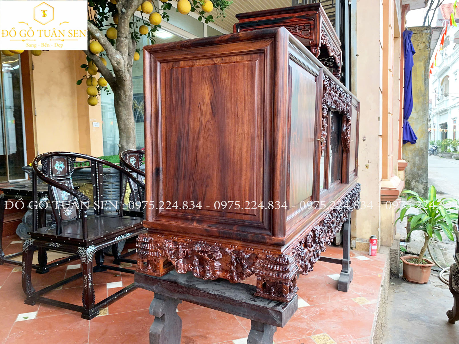 Nét đẹp của tủ chè gỗ gụ ta quảng bình chạm tích vân đẹp 