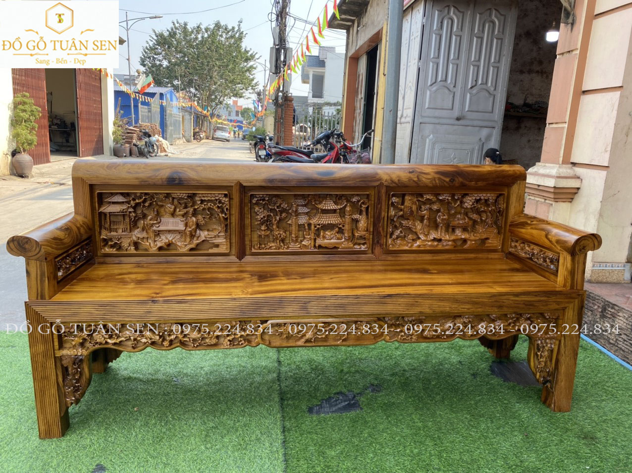 Thông tin kich thước bộ  trường kỷ chạm tích  gỗ gụ ta